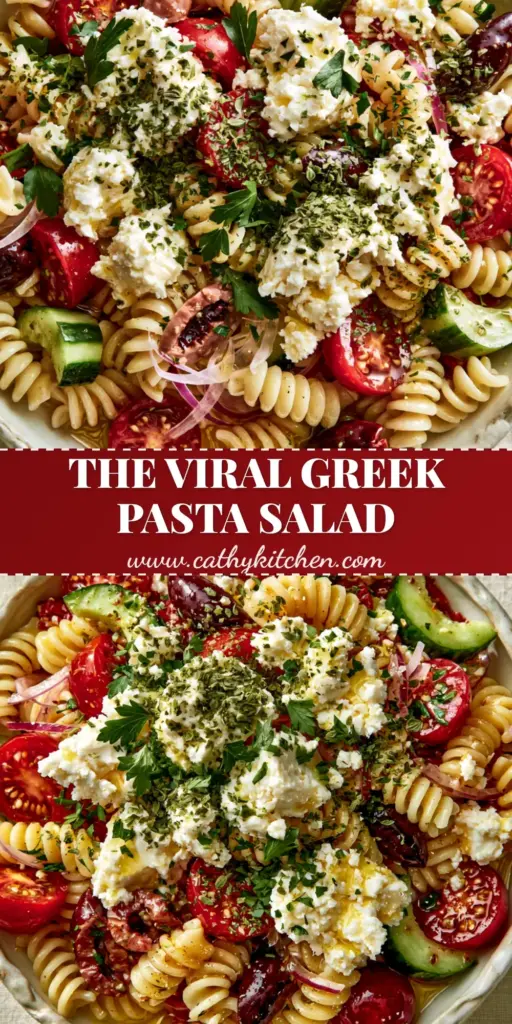 A vibrant Greek salad pasta in a ceramic bowl featuring al dente rotini, ruby-red tomatoes, and creamy feta crumbles.