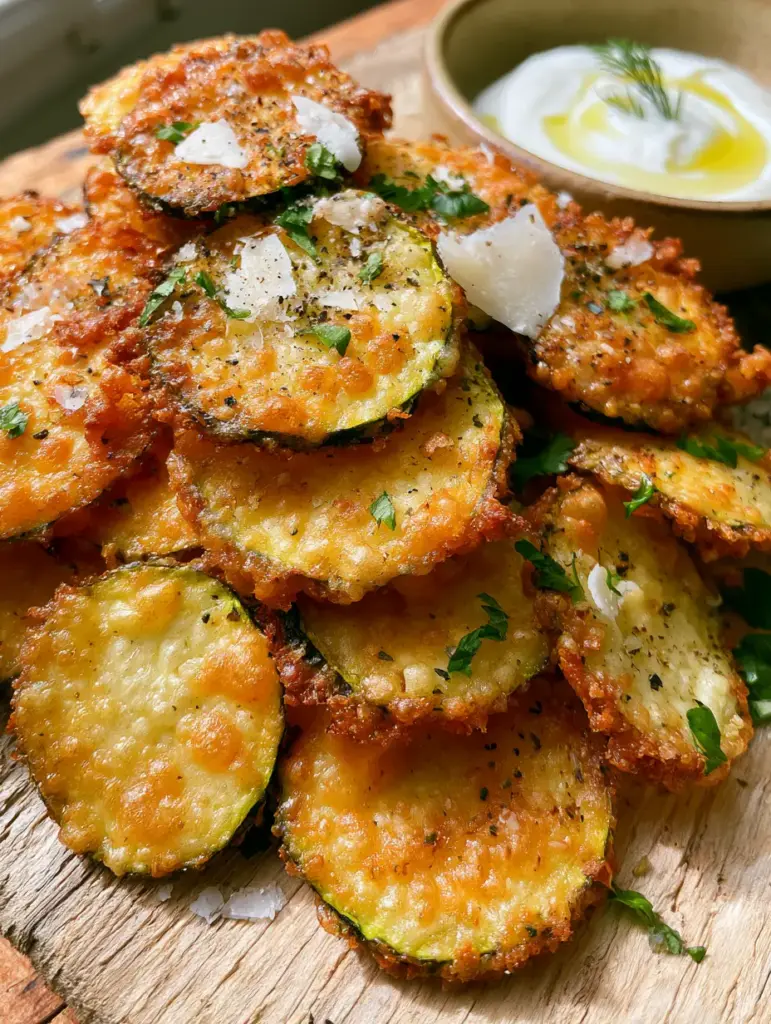 Handheld photo of paper-thin air fryer zucchini crisps with creamy garlic dipping sauce.