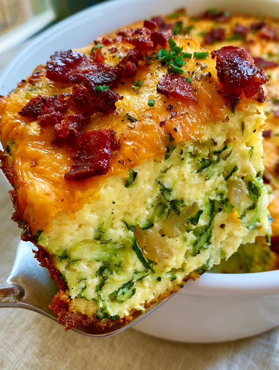 Close-up of a zucchini and bacon slice with visible steam, melted cheese, and fresh chives.