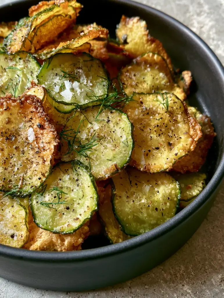 Editorial style shot of oven baked cucumber chips piled high in a charcoal bowl with harsh natural side lighting.