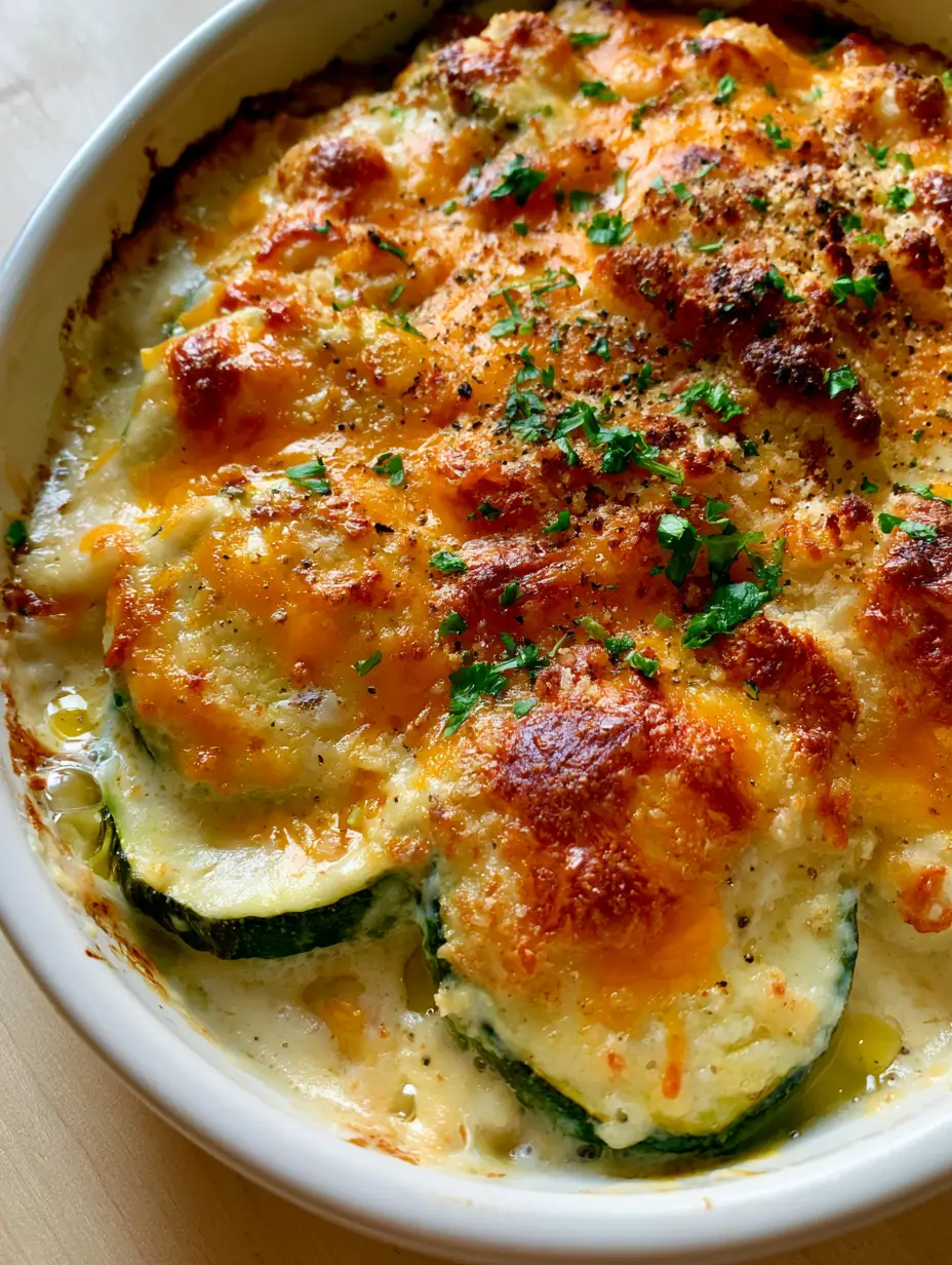 Cheesy Zucchini Bake with Garlic Cream Sauce and Toasted Parmesan Crust 3 A high-angle shot of a cheesy zucchini bake featuring thick zucchini rounds in garlic cream sauce and melted cheddar.