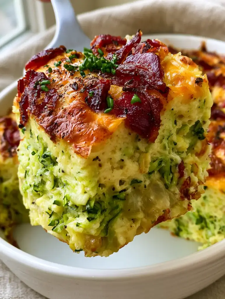 A thick square slice of zucchini and bacon bake showing the cross-section of pale yellow egg crumb and green zucchini shreds.