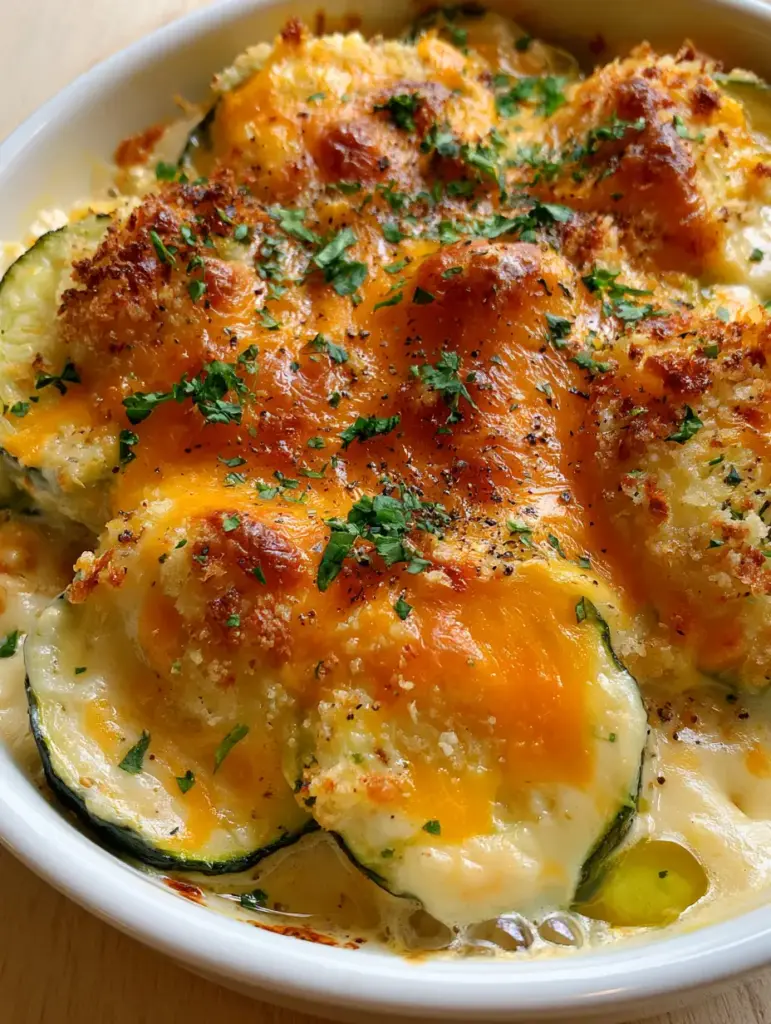 Cheesy Zucchini Bake with Garlic Cream Sauce and Toasted Parmesan Crust 1 Macro view of the toasted parmesan crust and chopped parsley on a cheesy zucchini bake.
