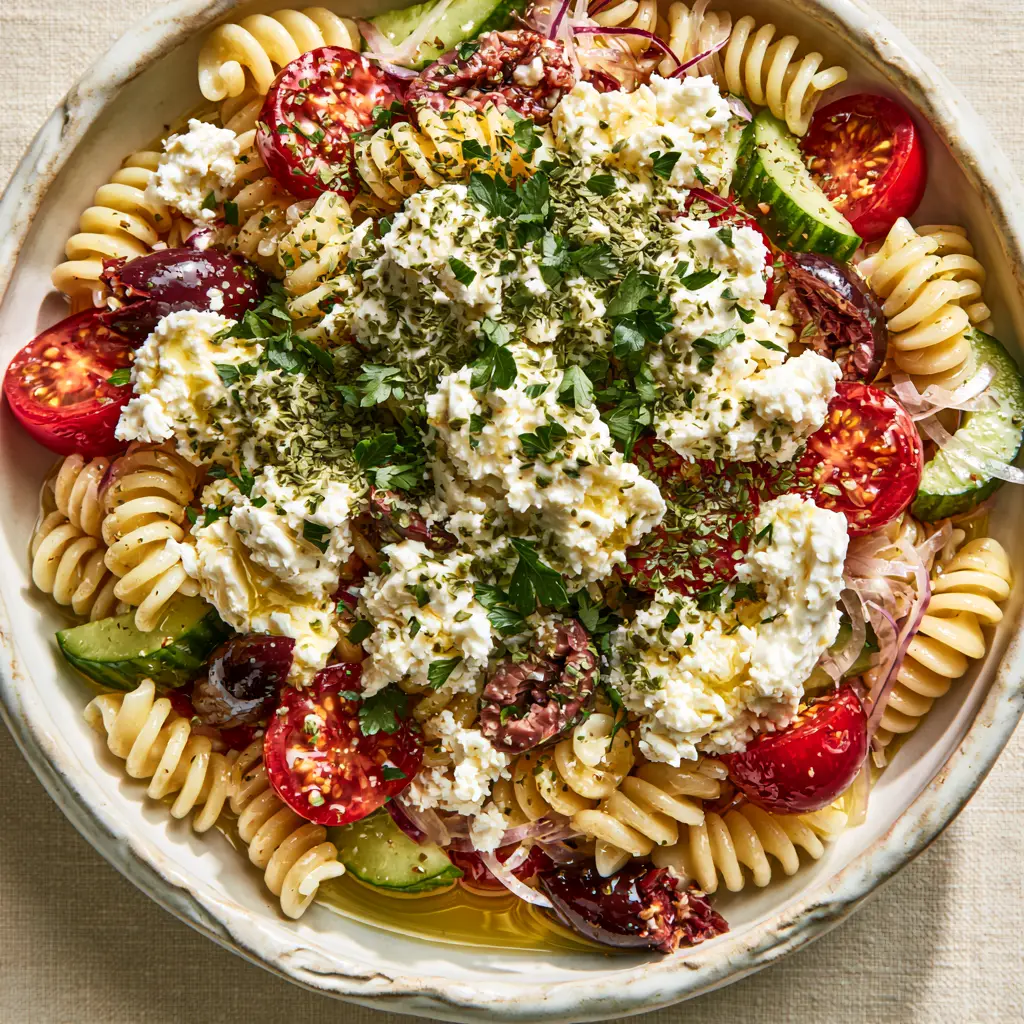 High-angle view of abundant Greek salad pasta with translucent red onions and large feta crumbles.