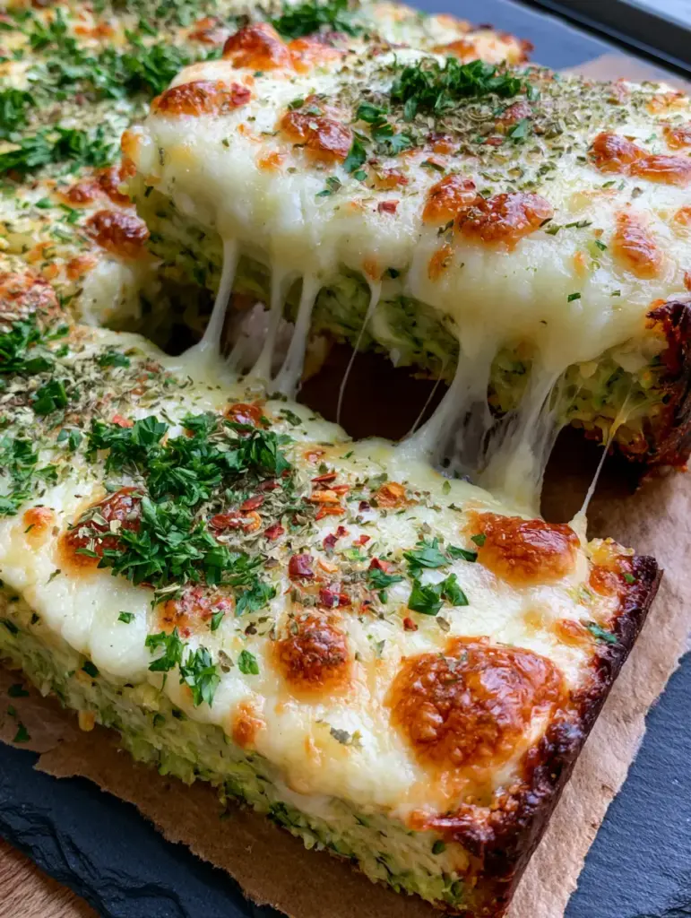 Close-up of blistered mozzarella cheese topping on Zucchini breadsticks with fresh parsley and red pepper flakes.