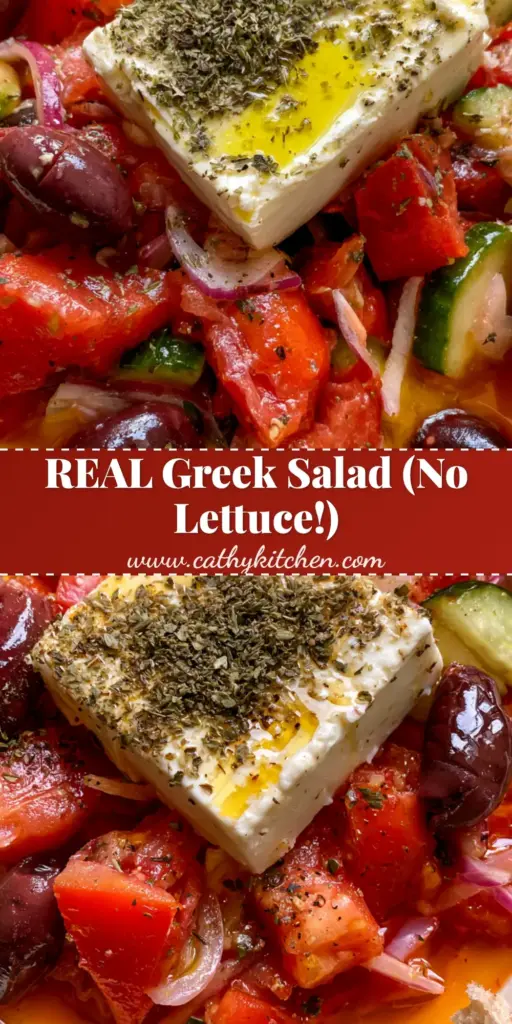 A top-down view of an authentic Horiatiki salad in a rustic bowl with a thick slab of feta and sourdough bread on the side.