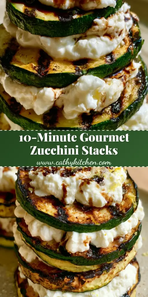 A tall Zucchini and Goat Cheese Stack with dark-brown grill marks, creamy white peaks of cheese, glossy balsamic drizzle, and fresh thyme on a stoneware plate.