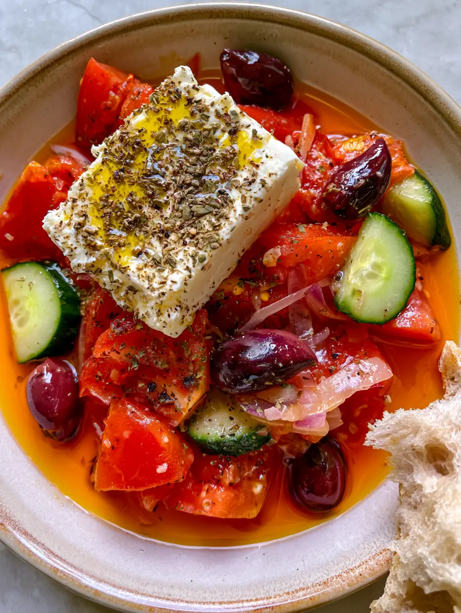 Close-up of jagged tomatoes and crisp cucumbers in a pool of olive oil and tomato juice for a Horiatiki salad.