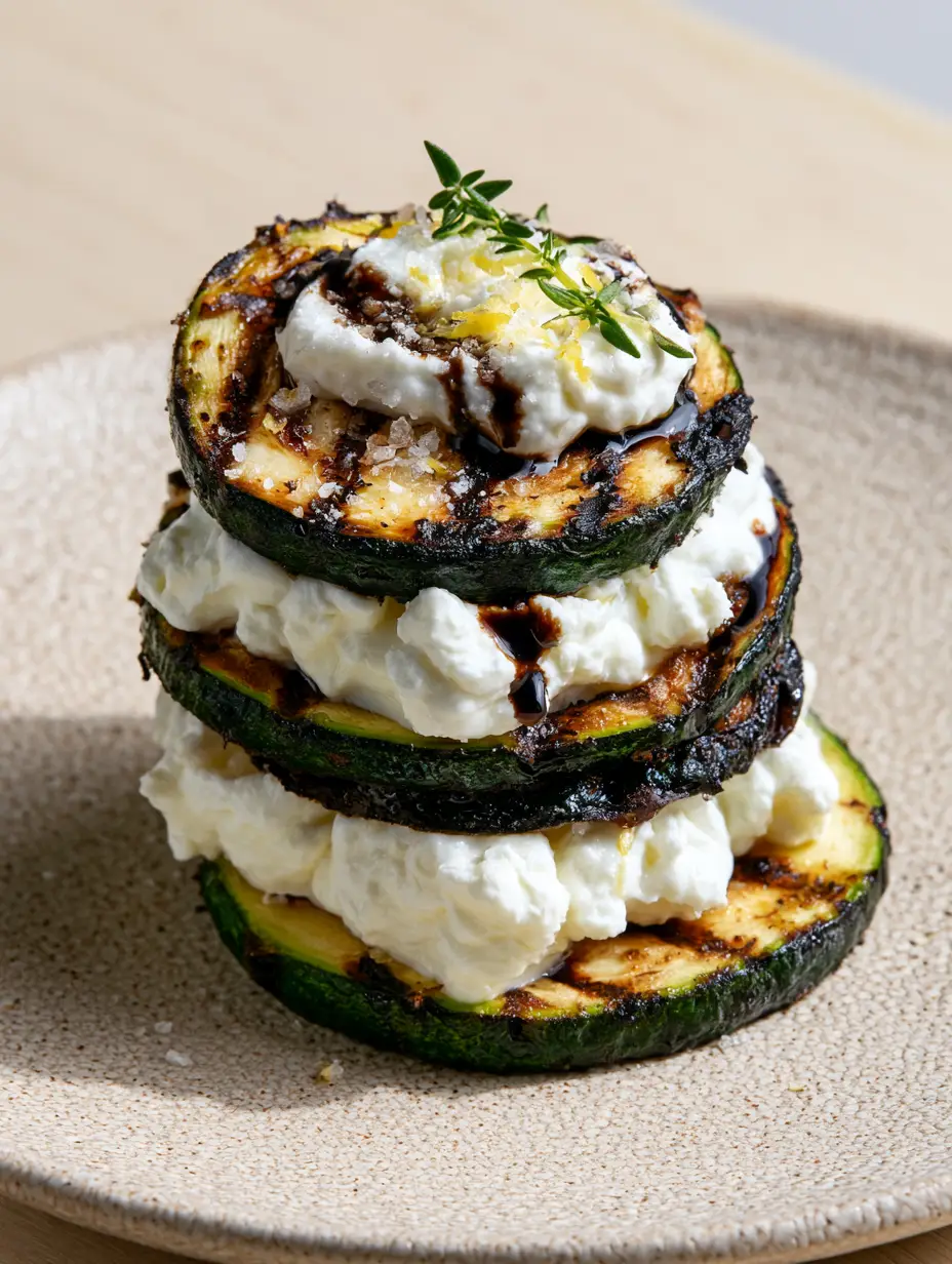 Extreme macro close-up of a Zucchini and Goat Cheese Stack showing the creamy texture of the whipped chèvre and the glossy balsamic reduction.