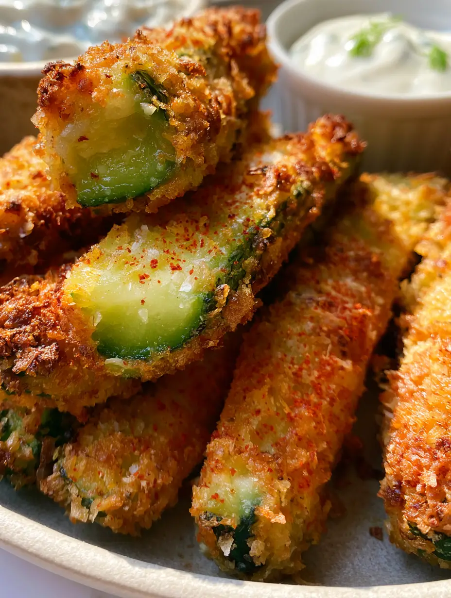 Macro photo of breaded zucchini showing the jagged panko crust and moist green center.