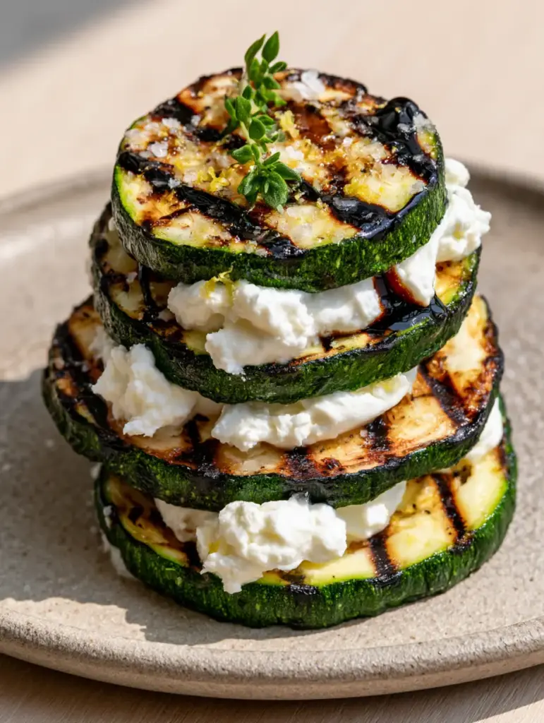 Top-down view of three Zucchini and Goat Cheese Stacks on a textured plate with natural side lighting and soft shadows.