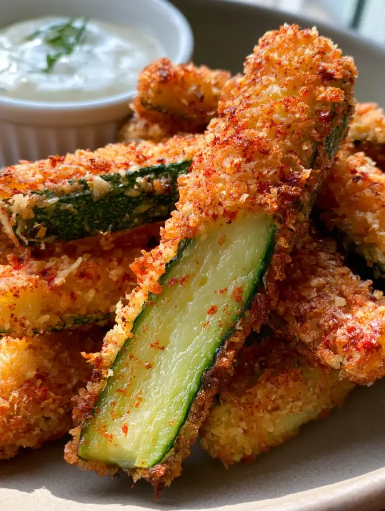 A pile of breaded zucchini fries with visible smoked paprika specks and a side of ranch.