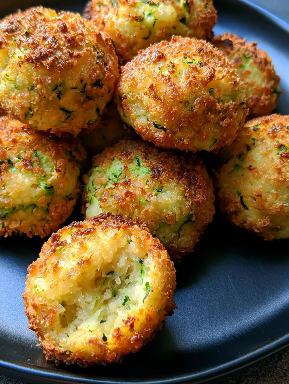 Macro shot of crispy oven-baked zucchini balls showing toasted parmesan lace crust and green flecks.