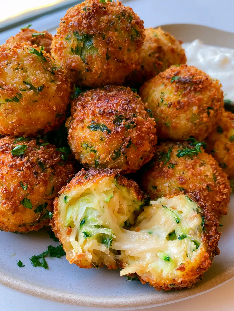 Macro photo of Zucchini balls showing a rugged panko crust and bright green zucchini flecks.
