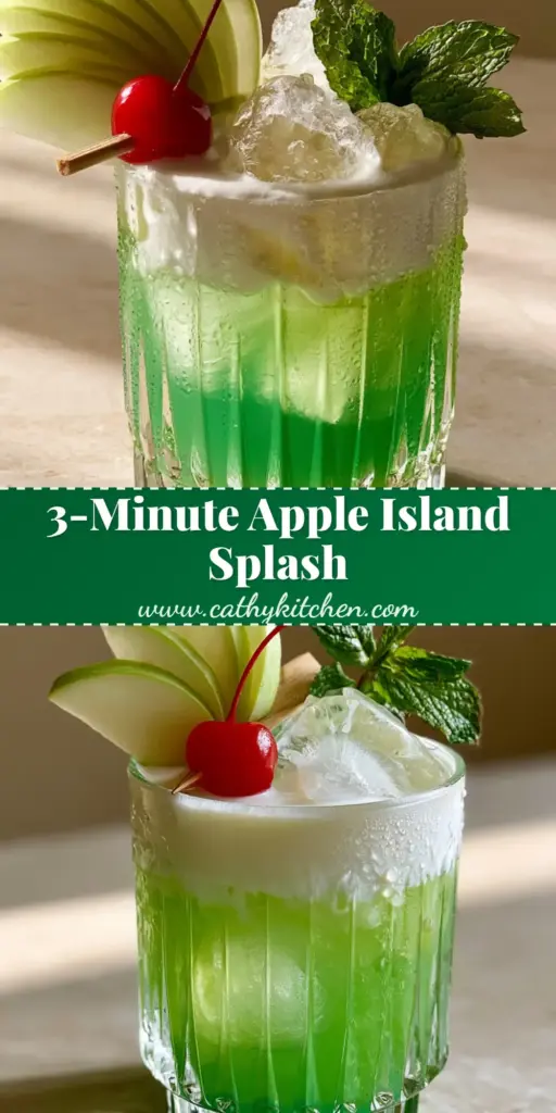 Apple Island Splash: The Ultimate Layered Tropical Refreshment 3 A layered apple island splash drink with emerald green juice and a white coconut cream float in a ribbed glass.