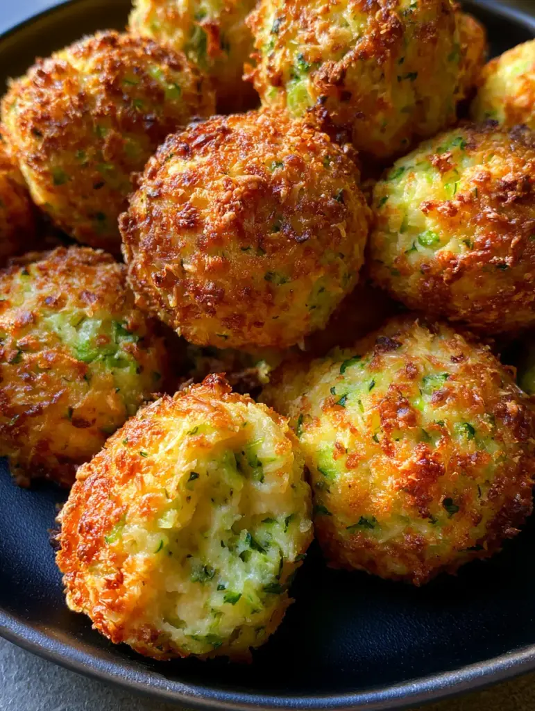 A cracked open oven-baked zucchini ball showing a firm, non-soggy herb-filled interior on a matte black plate.