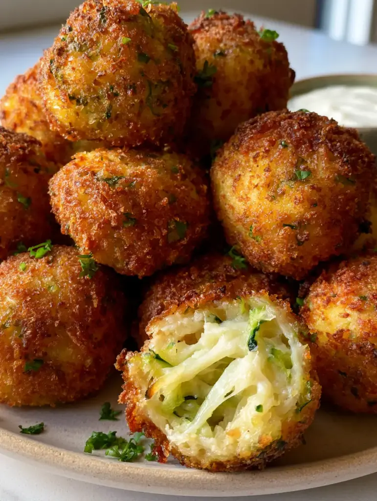 One Zucchini ball broken open to reveal a firm, steaming center with melted parmesan and green shreds.