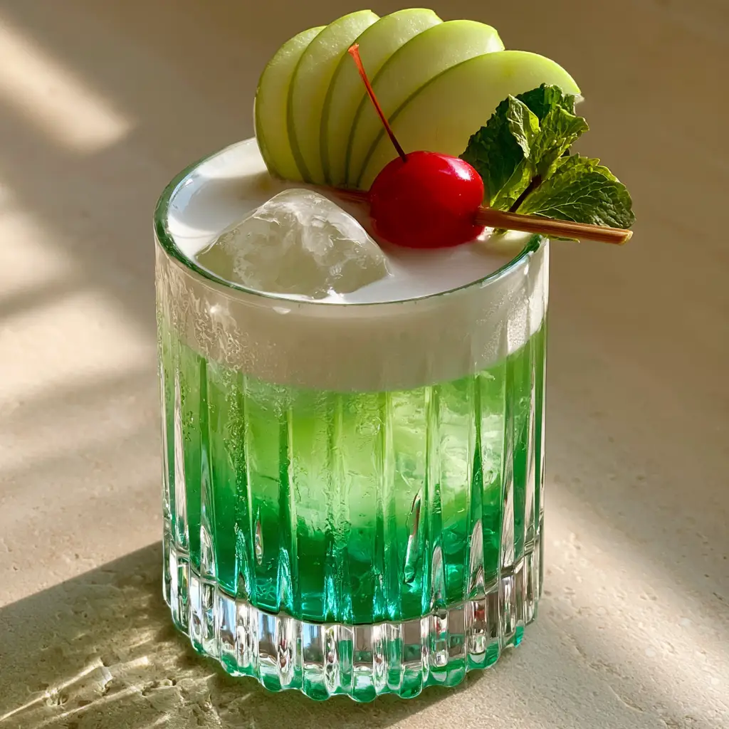 Apple Island Splash: The Ultimate Layered Tropical Refreshment 2 Close up photo of apple island splash with condensation and green apple garnish fan.