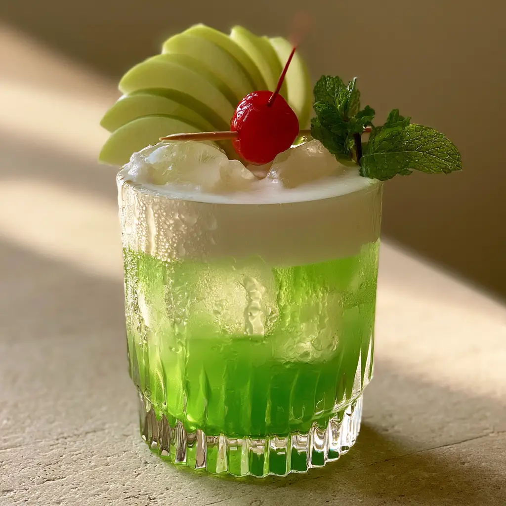 Apple Island Splash: The Ultimate Layered Tropical Refreshment 1 Smartphone photo of apple island splash sitting on a stone surface in afternoon sun.