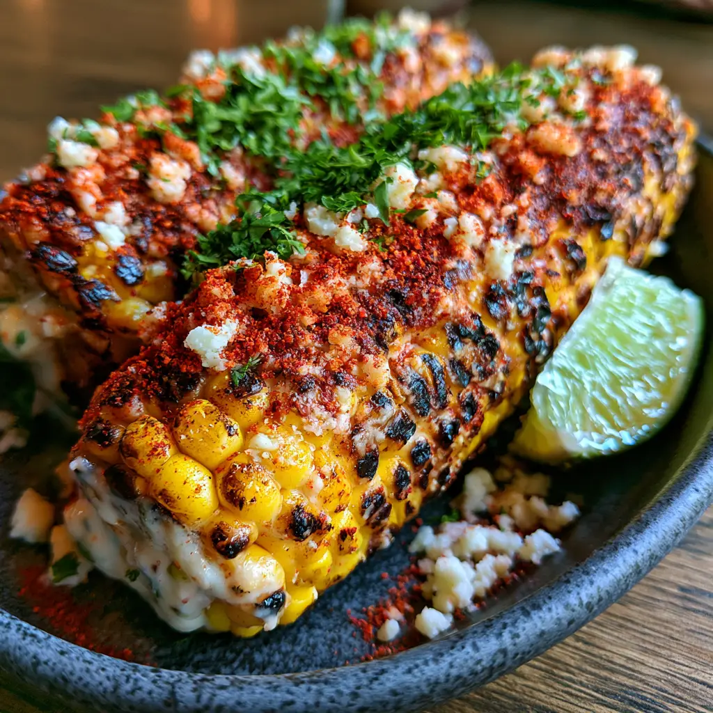 Close up of Grilled Elote showing the vibrant red Tajin seasoning and snowy white Cotija cheese crumbles.