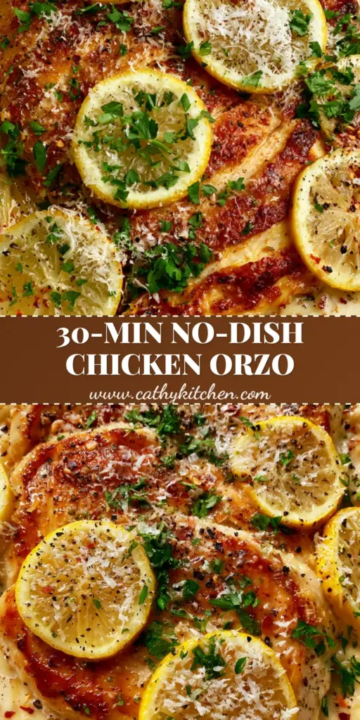 A top-down view of a creamy lemon garlic Chicken Orzo Pasta Recipe in a white skillet with golden chicken and lemon wheels. (Chicken Orzo Pasta Recipe)