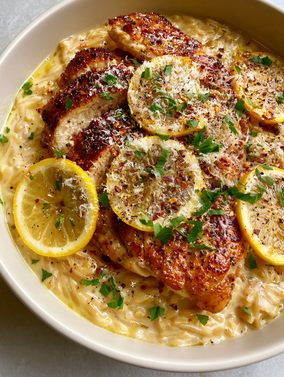 Close-up of seared chicken breast slices over velvety orzo pasta in a matte white ceramic skillet. (Chicken Orzo Pasta Recipe)
