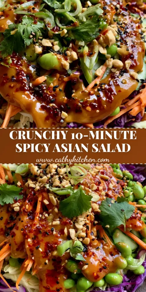 A vibrant Spicy Asian Salad in a shallow textured bowl with shredded cabbage, edamame, and glossy amber chili dressing.