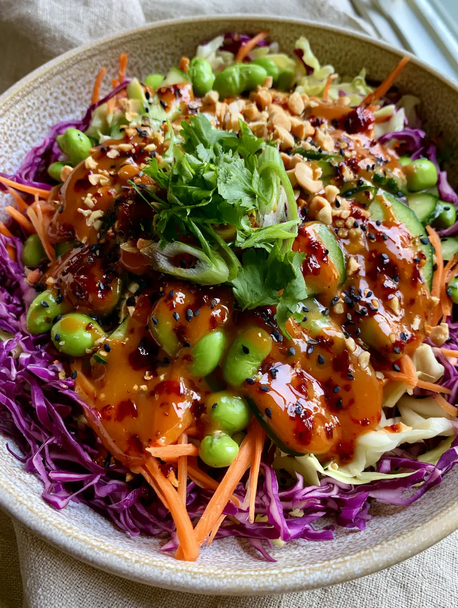 Top-down 45-degree angle of a crunchy Spicy Asian Salad with shredded cabbage and edamame.