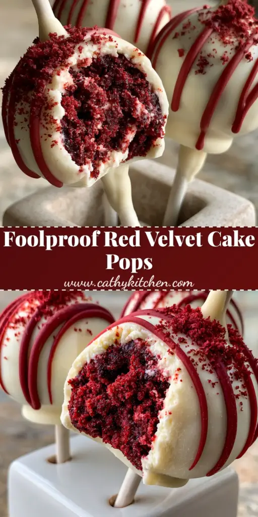 Three Red Velvet Cake Pops with smooth white chocolate shells and red drizzle held in a ceramic block.