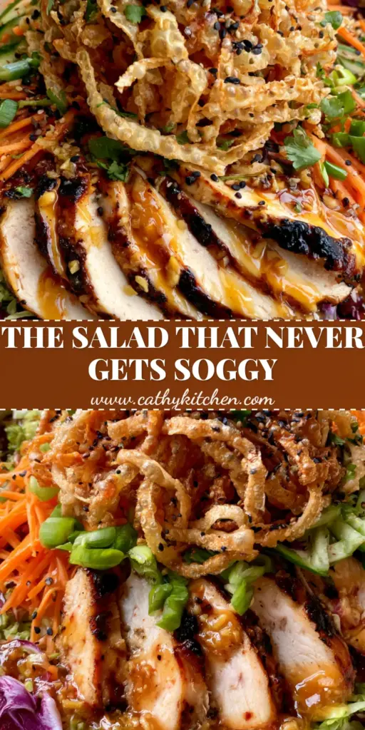 Wonton Salad with Seared Ginger-Sesame Chicken and Crispy Bubbly Strips 4 A top-down view of a vibrant Wonton Salad featuring seared chicken, purple radicchio, and a mountain of crispy wonton strips in a cream bowl.