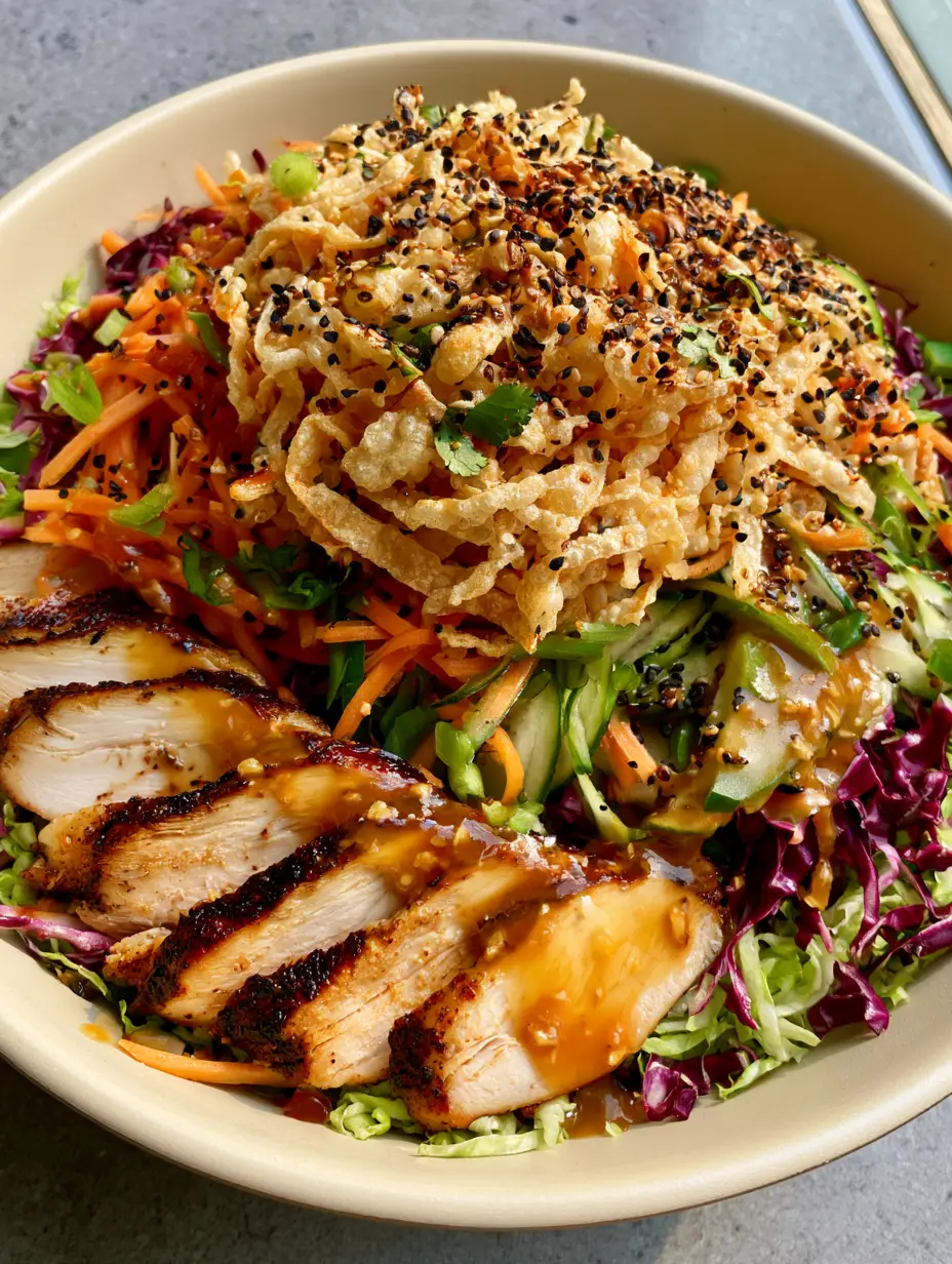 Wonton Salad with Seared Ginger-Sesame Chicken and Crispy Bubbly Strips 3 Close-up of Wonton Salad showing shredded green cabbage, purple radicchio, and charred chicken edges. (Wonton Salad)