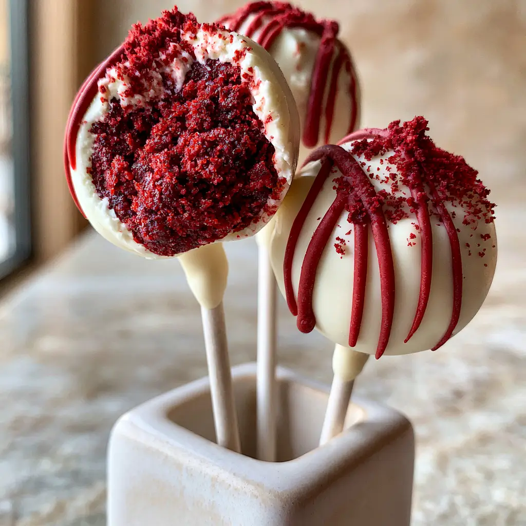 Close-up of white chocolate coated Red Velvet Cake Pops with red drizzle and cake crumbs.