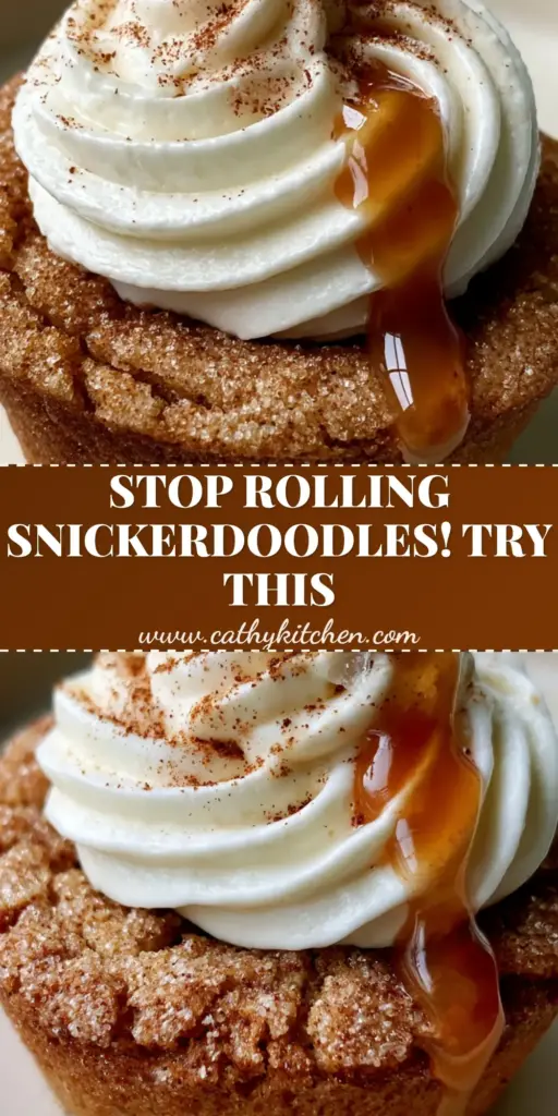 A close-up shot of a snickerdoodle cookie cup with a sparkling cinnamon-sugar crust, a piped swirl of cream cheese frosting, and a glossy amber caramel drizzle. (snickerdoodle cookie cups)