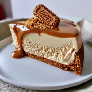 Macro side view of a No Bake Biscoff Cheesecake showing the 1cm speculoos crust and 5cm pale beige filling layer.