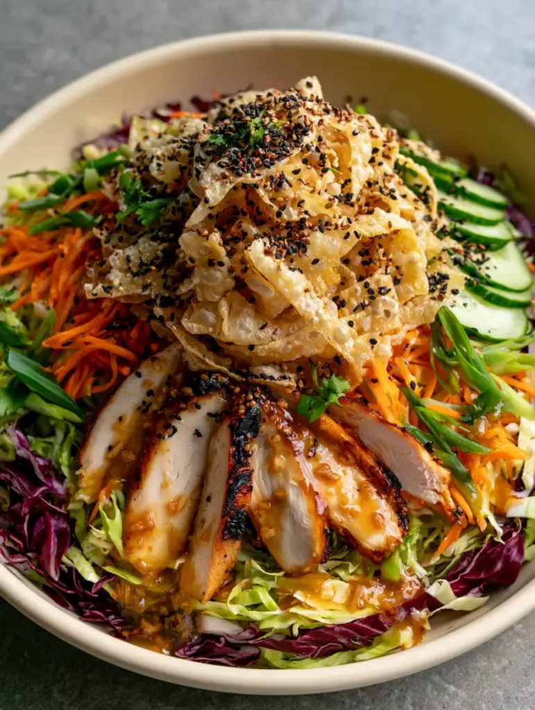 Wonton Salad with Seared Ginger-Sesame Chicken and Crispy Bubbly Strips 1 A massive mountain of golden-fried bubbly wonton strips on top of a vibrant Wonton Salad.