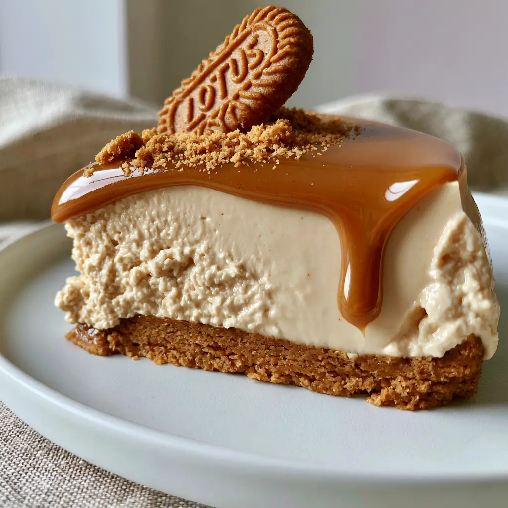 Side view of Biscoff cheesecake with a 3mm glossy amber glaze and slow drip on a matte white plate.