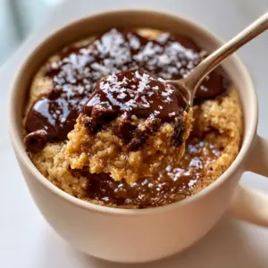 A warm chocolate chip cookie in a matte cream ceramic mug with glistening dark chocolate chips and flaky sea salt.