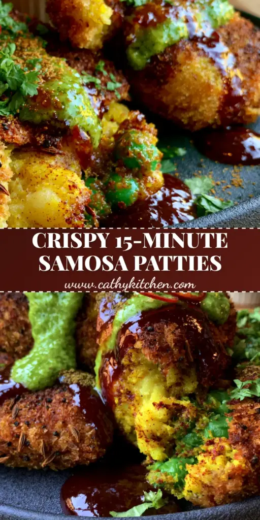 A close-up shot of Spiced Samosa Patties with a shattered panko crust, drizzled with neon green chutney and reddish-brown tamarind glaze on a charcoal dish.