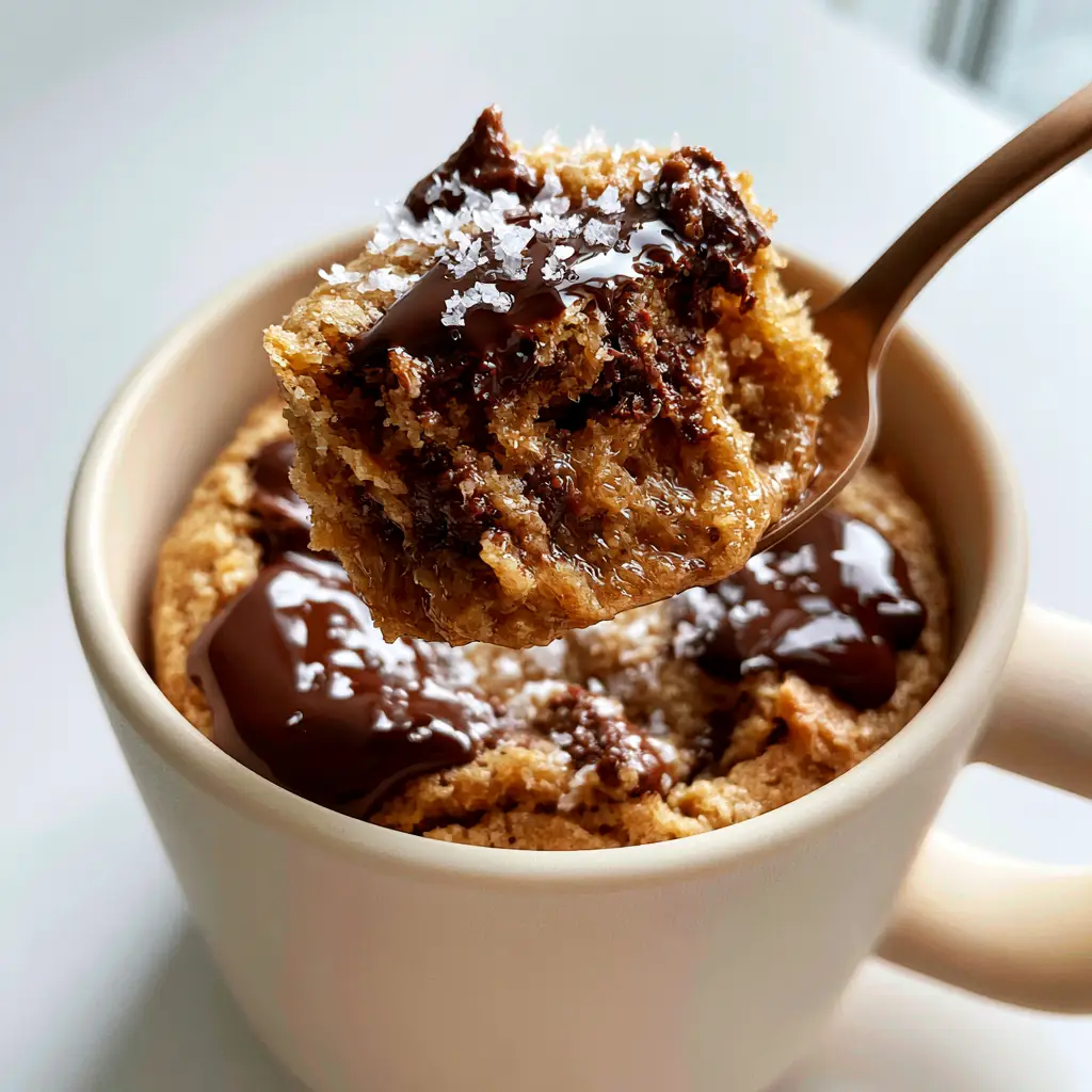 Handheld photo showing a spoon lifting a perfectly gooey bite of a chocolate chip cookie in a mug.