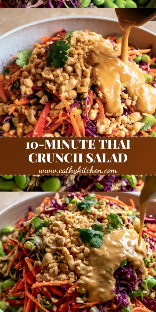 A large white bowl of Thai Crunch Salad with shredded cabbage, julienned carrots, and edamame, featuring a heavy drizzle of thick peanut dressing and crushed peanuts.