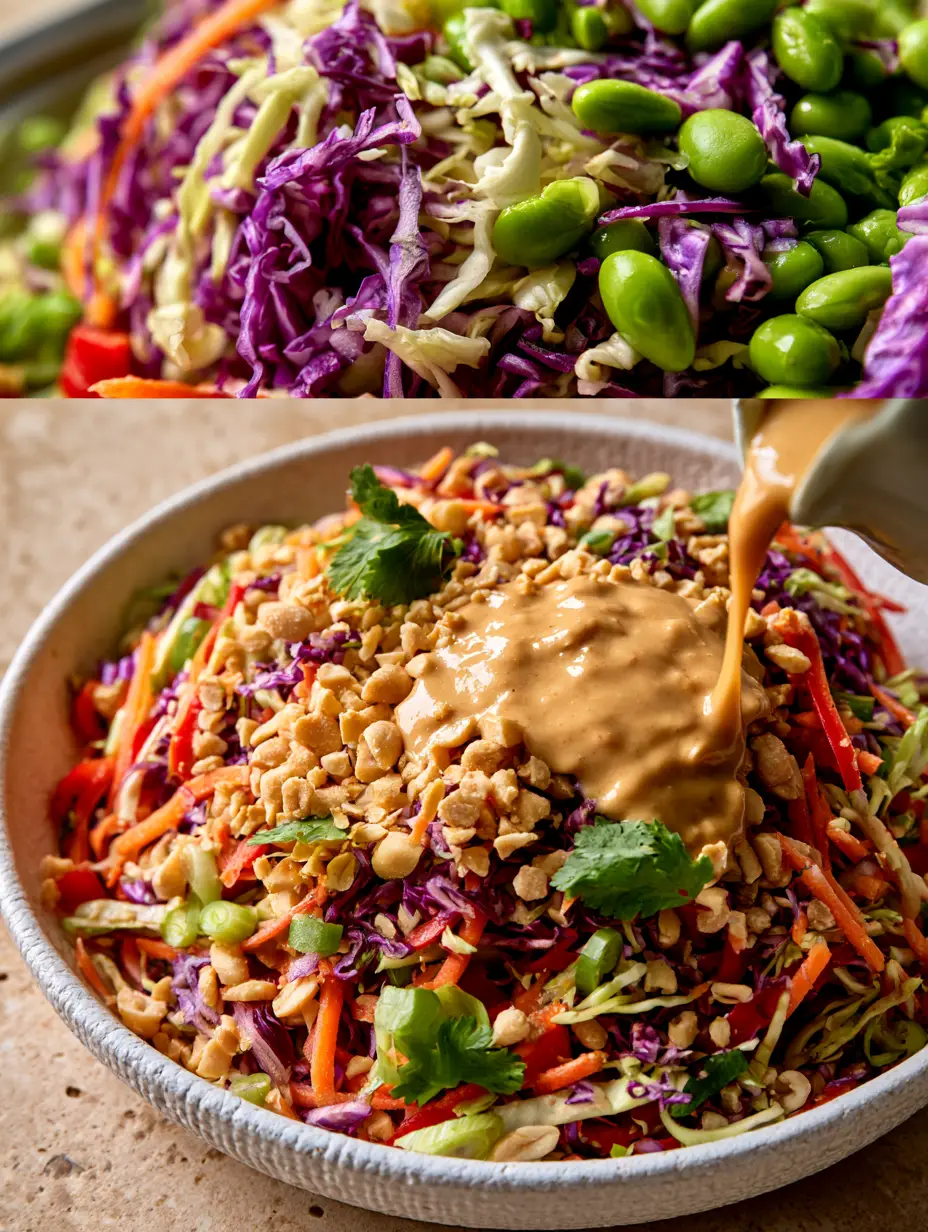 Split screen showing macro textures of purple cabbage and edamame on top, and a full bowl of Thai Crunch Salad with peanut dressing being drizzled on the bottom.