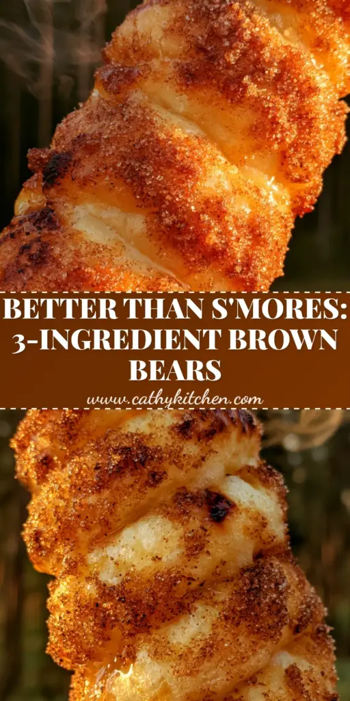 A handheld Brown Bears campfire snack wrapped on a wooden stick, glistening with butter and cinnamon sugar against a pine forest. (Brown Bears campfire snack)