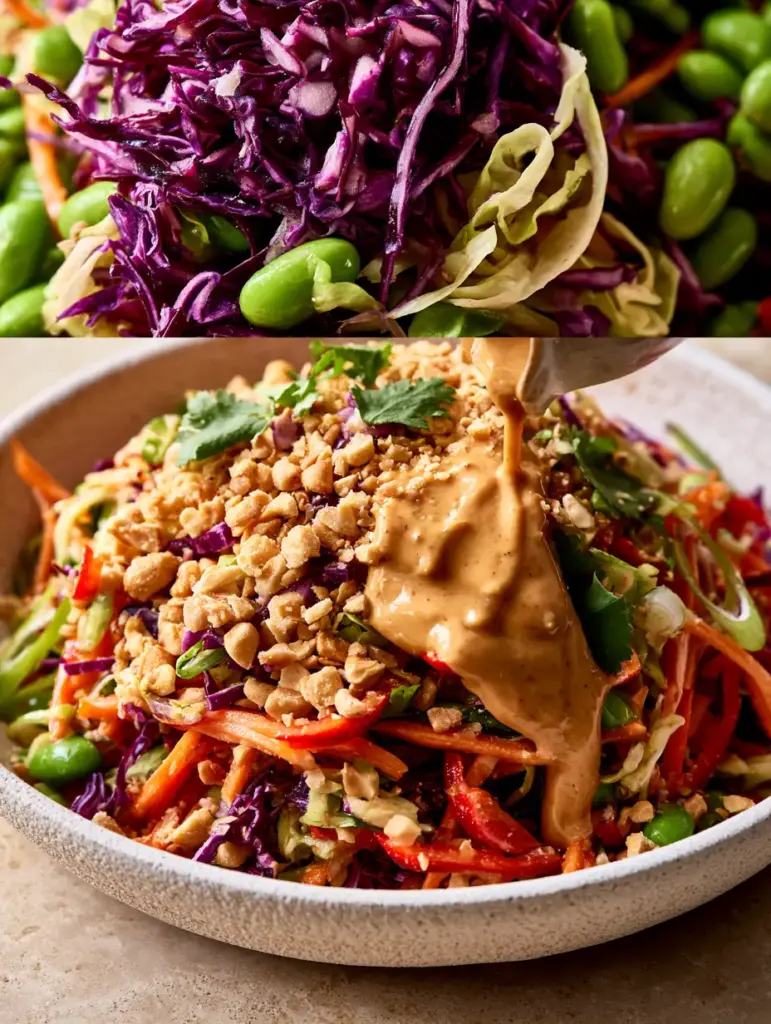 A bountiful Thai Crunch Salad in a matte white bowl featuring golden roasted peanuts and bright red bell pepper strips under a soft daylight glow.