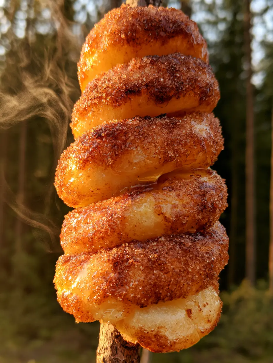 Close-up of a spiral-wrapped Brown Bears campfire snack showing golden toasted ridges and coarse sugar crystals with rising steam. (Brown Bears campfire snack)