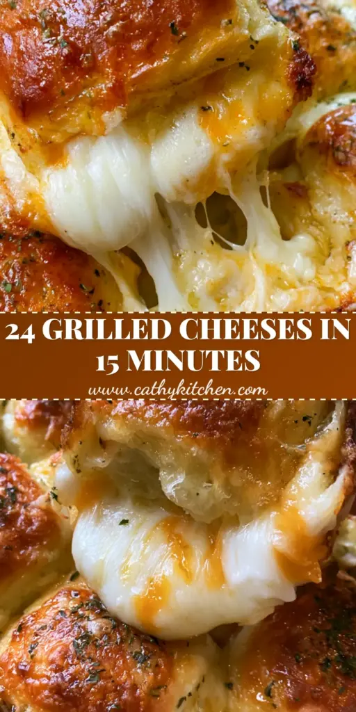 A sheet pan of 24 Mini Grilled Cheese Hawaiian Rolls with a dramatic cheese pull and garlic butter glaze.
