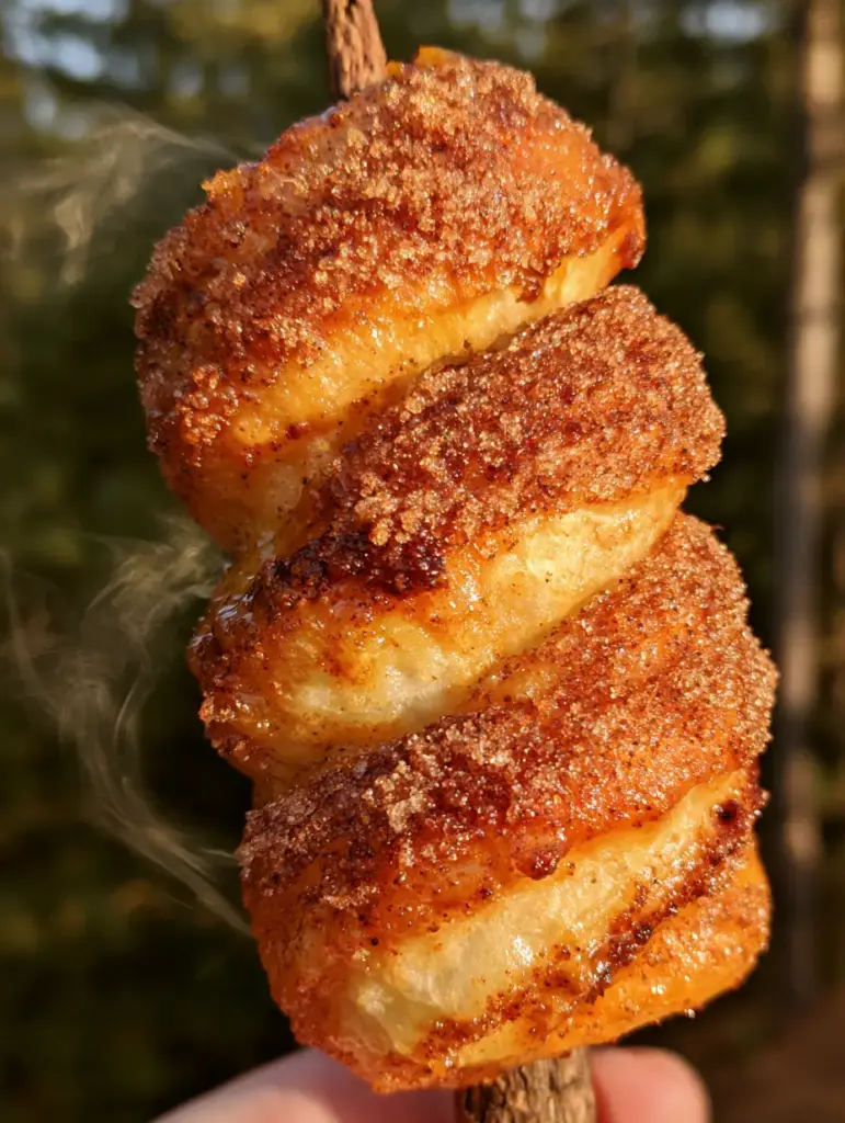 A Brown Bears campfire snack held up in a soft-focus forest, highlighting the charred dough edges and melted salted butter glaze.