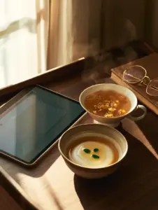A crystal-clear tablet next to a bowl of almond tofu with honey glaze and mint leaves on a dark walnut desk. (genshin impact fanfiction)