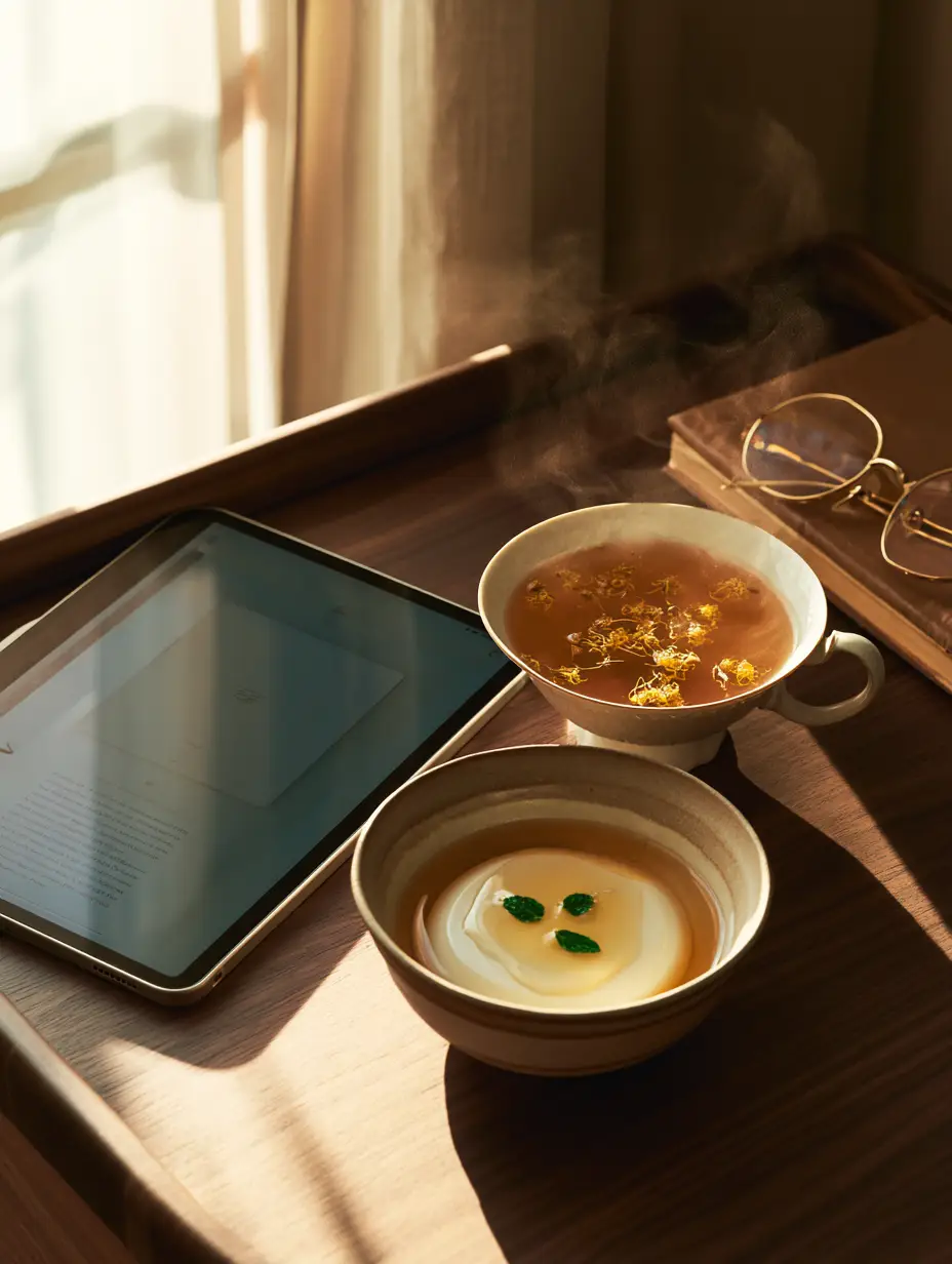 A crystal-clear tablet next to a bowl of almond tofu with honey glaze and mint leaves on a dark walnut desk. (genshin impact fanfiction)