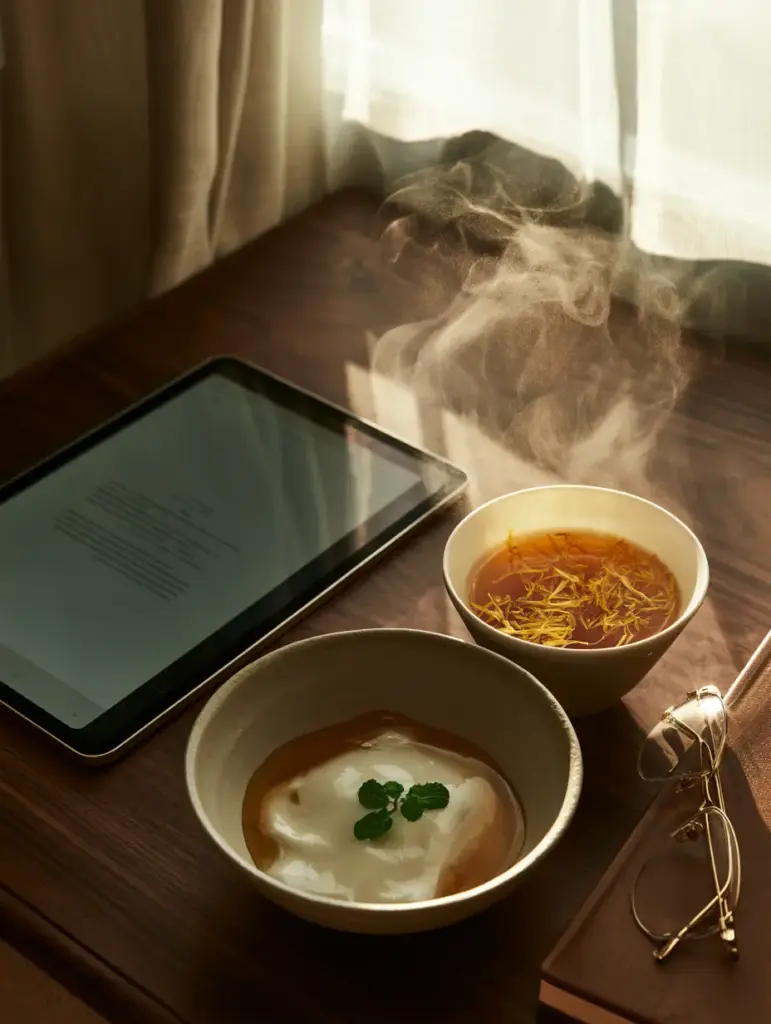 Steaming osmanthus tea with floating yellow petals beside a leather journal and gold-rimmed glasses.