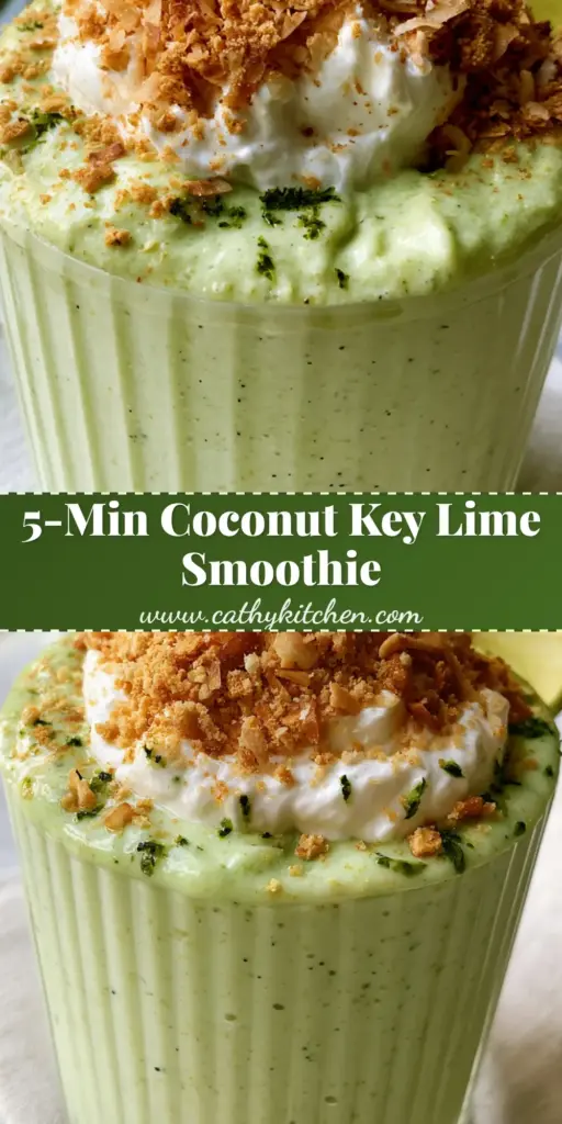 A tall, ribbed glass filled with a pale lime-green Coconut Key Lime Pie Smoothie, topped with fluffy coconut cream and graham cracker crumbs.